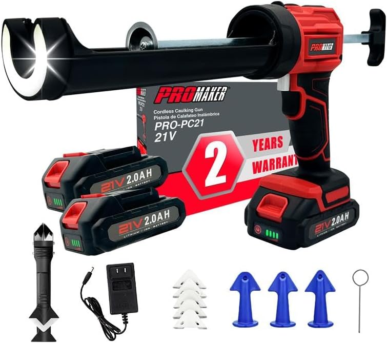 ProMaker Cordless Caulking Gun, 21V Caulk gun w/ 2 Batteries, LED Light, Adjustable Speed, 3 Nozzle Adapters, 5 Knife Heads, 10 Oz Capacity, 550Lb Pushing Force, Caulk Tool Trowel & Scraper - Image 1